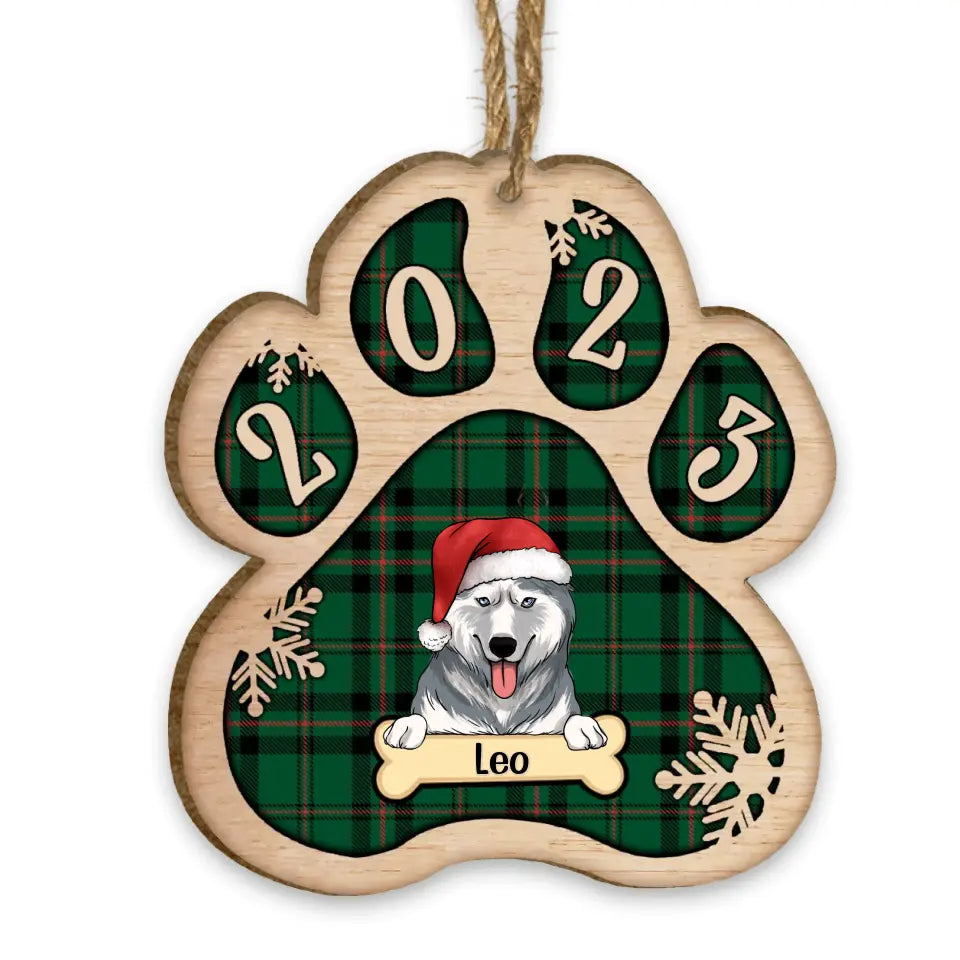 Custom Christmas Wooden Paws Ornament | Dog, Cat, And Snow |  Plaid Pattern | Customized Decoration Gift For Pet Lovers