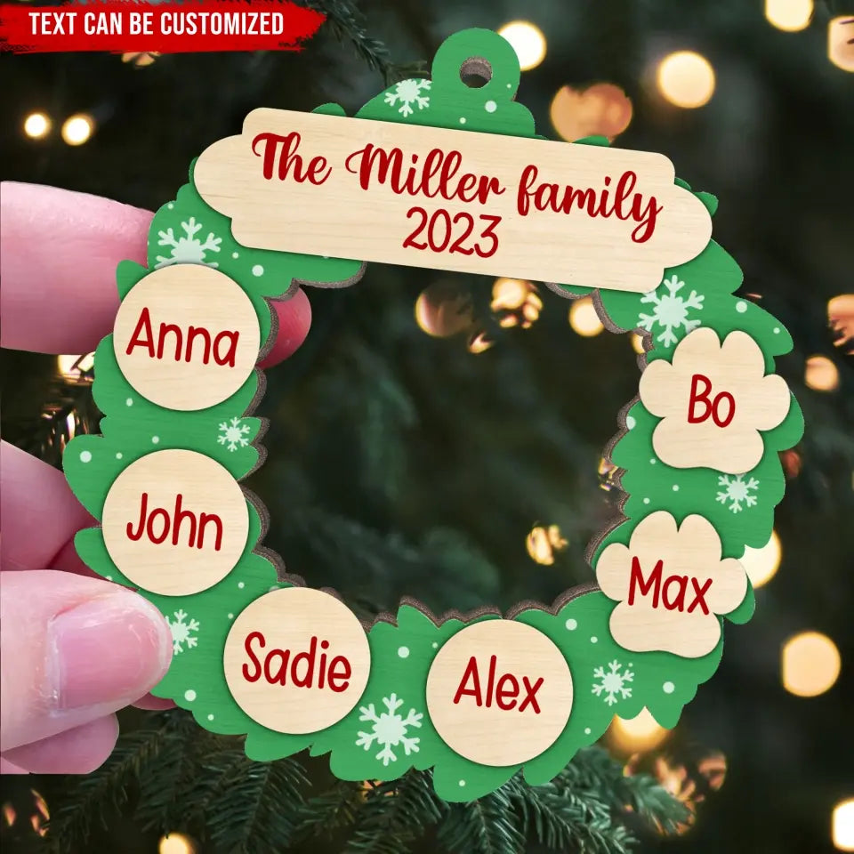 Garland Wreath Ornament With Family Member Names - Personalized Wooden Ornament, Christmas Gift - ORN167