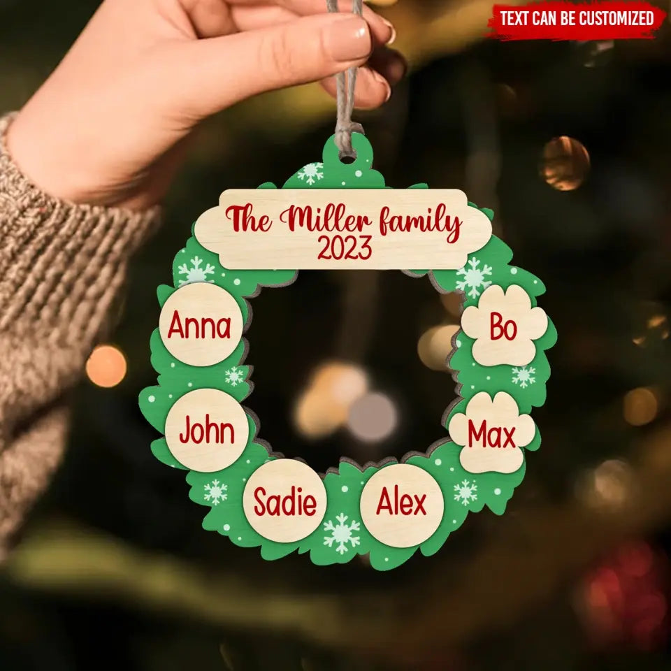 Garland Wreath Ornament With Family Member Names - Personalized Wooden Ornament, Christmas Gift - ORN167