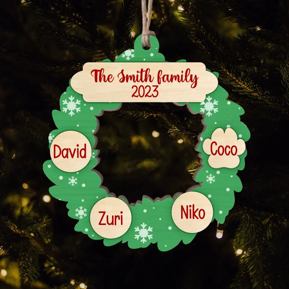 Garland Wreath Ornament With Family Member Names - Personalized Wooden Ornament, Christmas Gift - ORN167