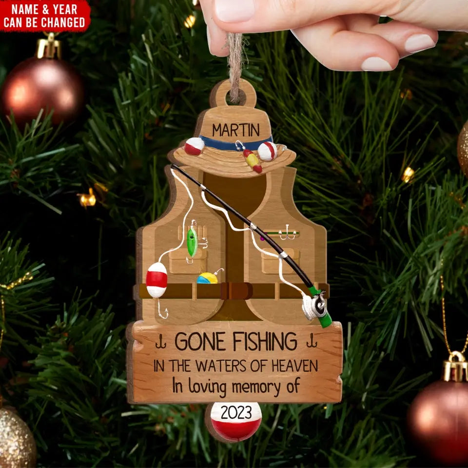 Gone Fishing In The Water Of Heaven - Personalized Wooden Ornament, Memorial Gift - ORN171