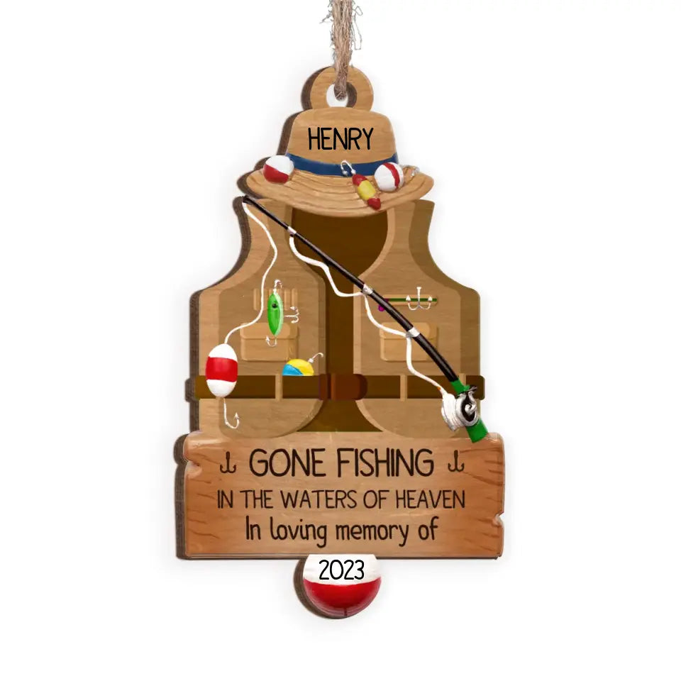 Gone Fishing In The Water Of Heaven - Personalized Wooden Ornament, Memorial Gift - ORN171