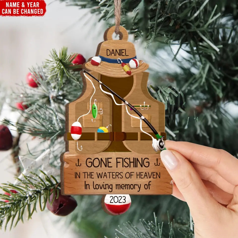 Gone Fishing In The Water Of Heaven - Personalized Wooden Ornament, Memorial Gift - ORN171