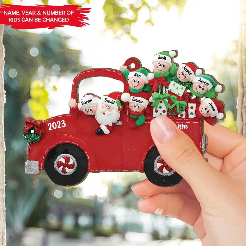 Red Truck With Family  - Personalized Wooden Ornament, Gift for Family - ORN182