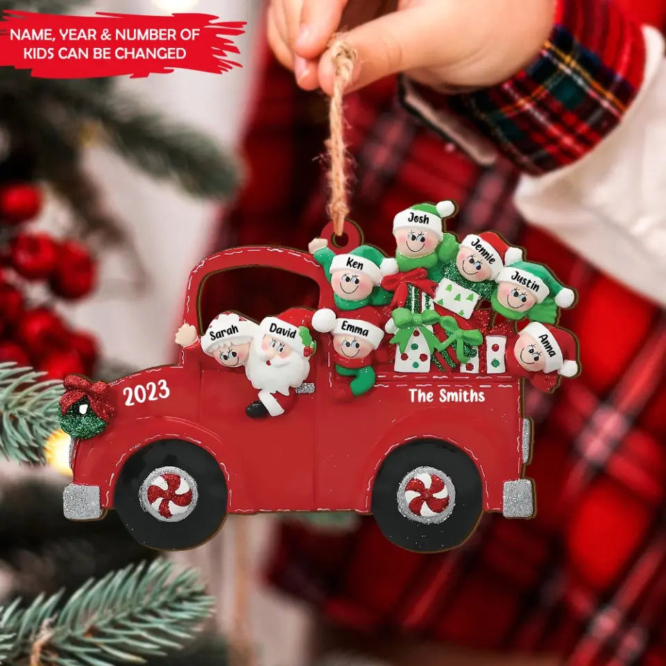 Red Truck With Family  - Personalized Wooden Ornament, Gift for Family - ORN182