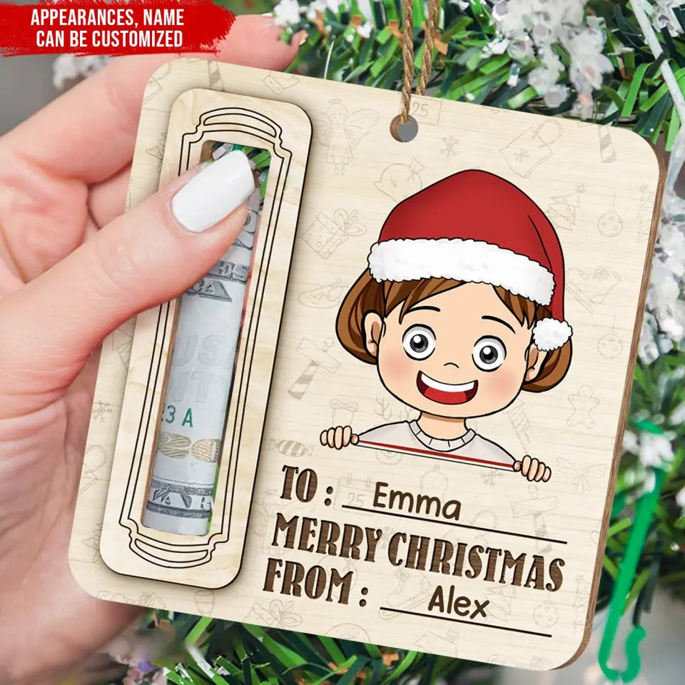 Merry Christmas With Kids Name - Personalized Wooden Ornament, Money Holder Christmas Gift For Kids - ORN183