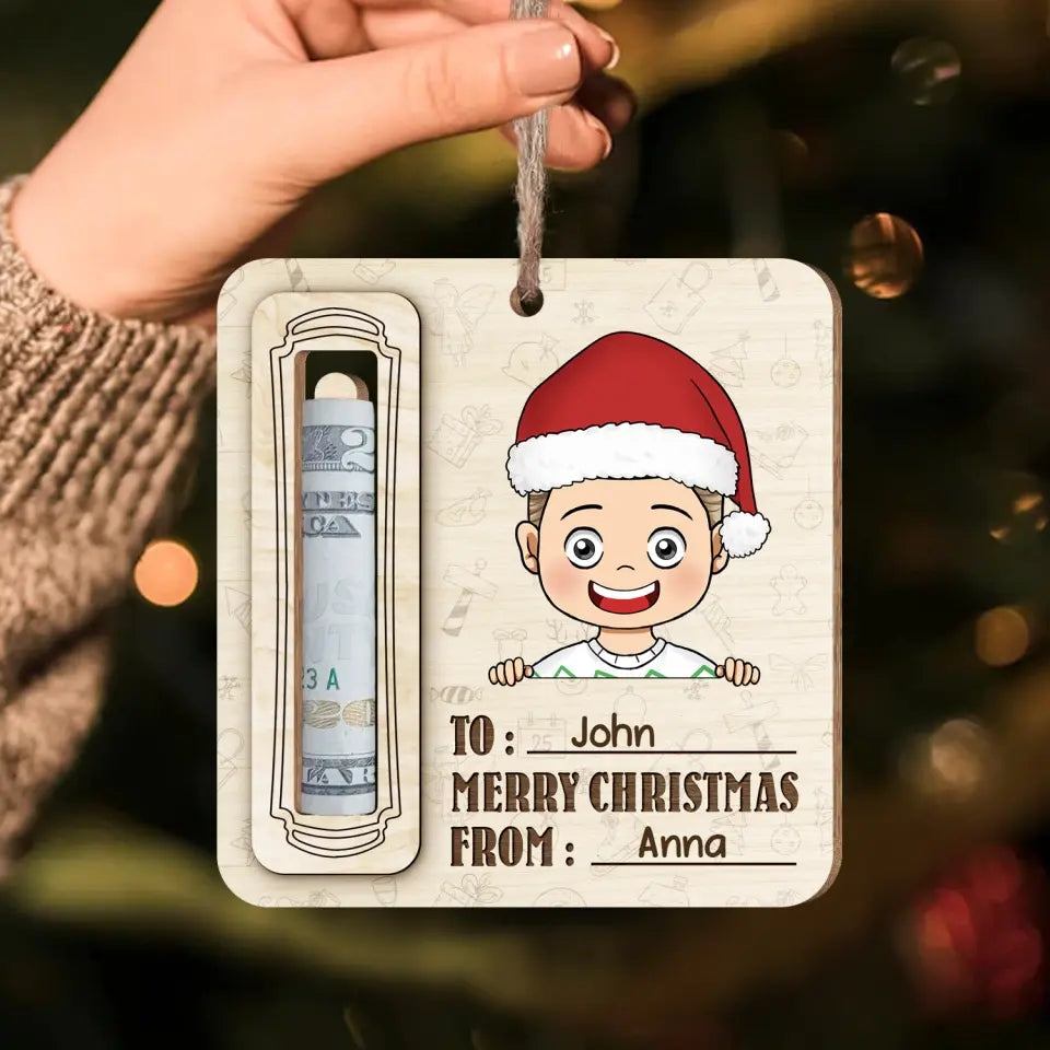 Merry Christmas With Kids Name - Personalized Wooden Ornament, Money Holder Christmas Gift For Kids - ORN183
