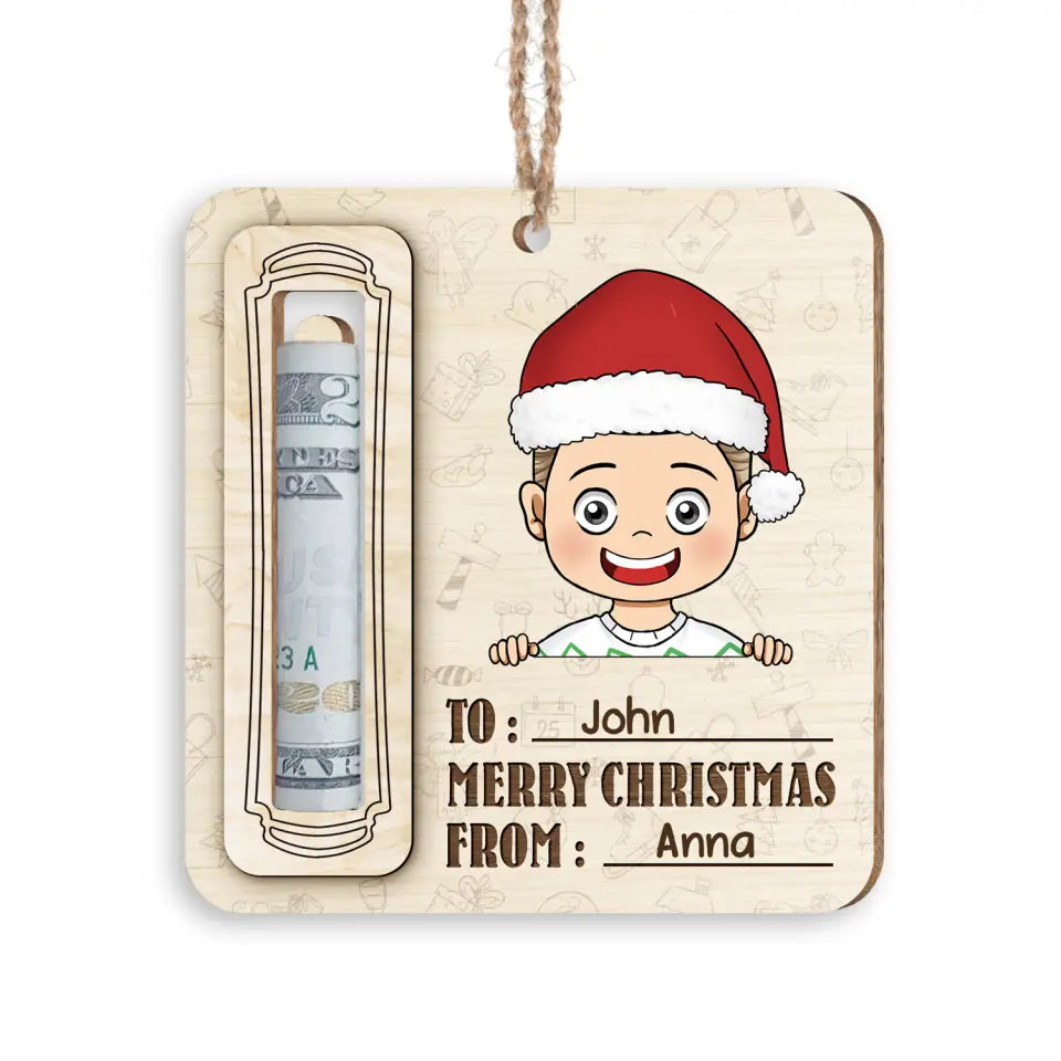 Merry Christmas With Kids Name - Personalized Wooden Ornament, Money Holder Christmas Gift For Kids - ORN183