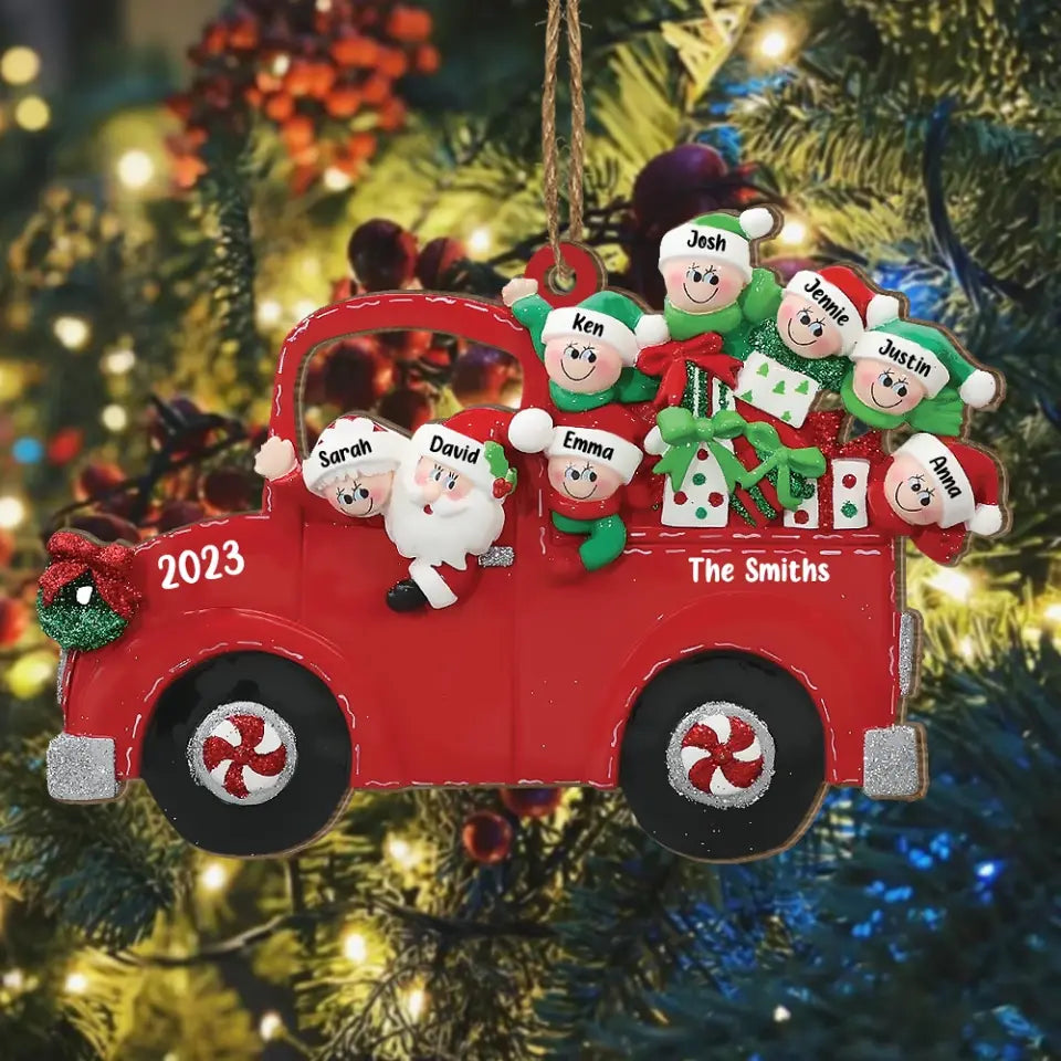 Red Truck With Family  - Personalized Wooden Ornament, Gift for Family - ORN182