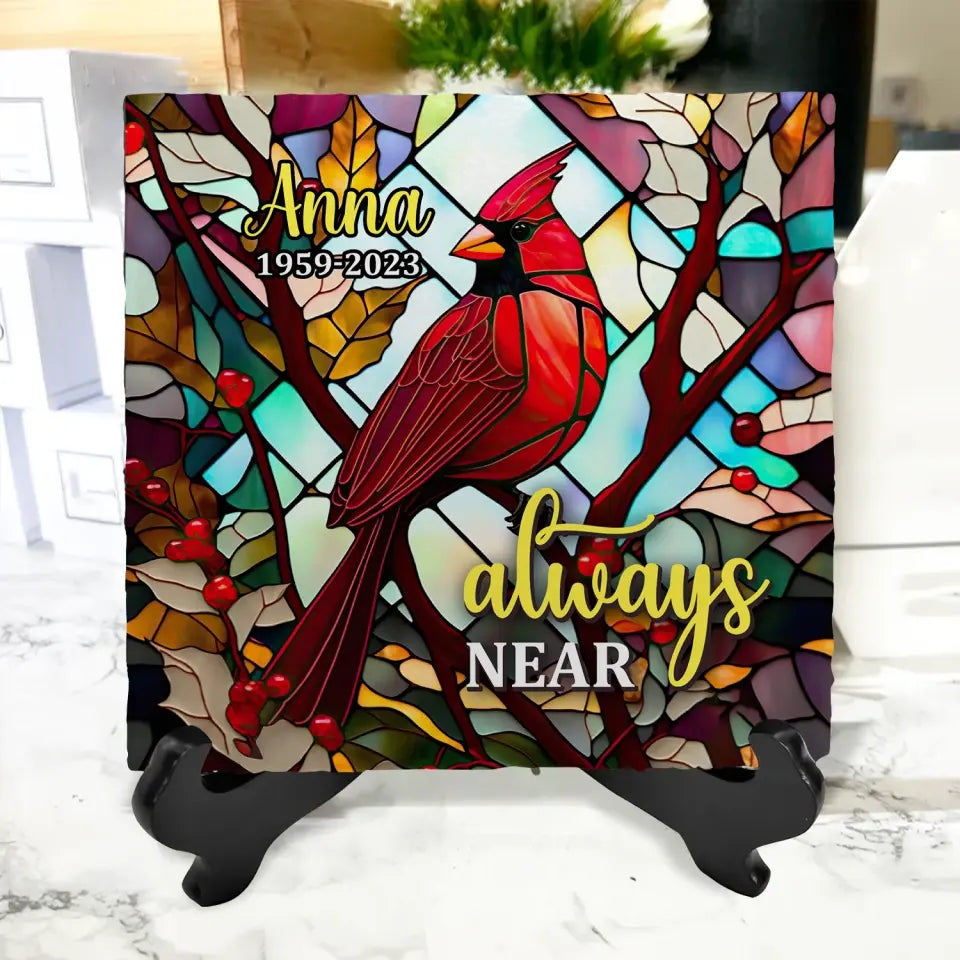 Cardinal Always Near Stained Glass - Personalized Memorial Stone, Memorial Gift - MS64