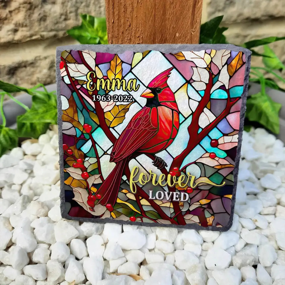 Cardinal Always Near Stained Glass - Personalized Memorial Stone, Memorial Gift - MS64