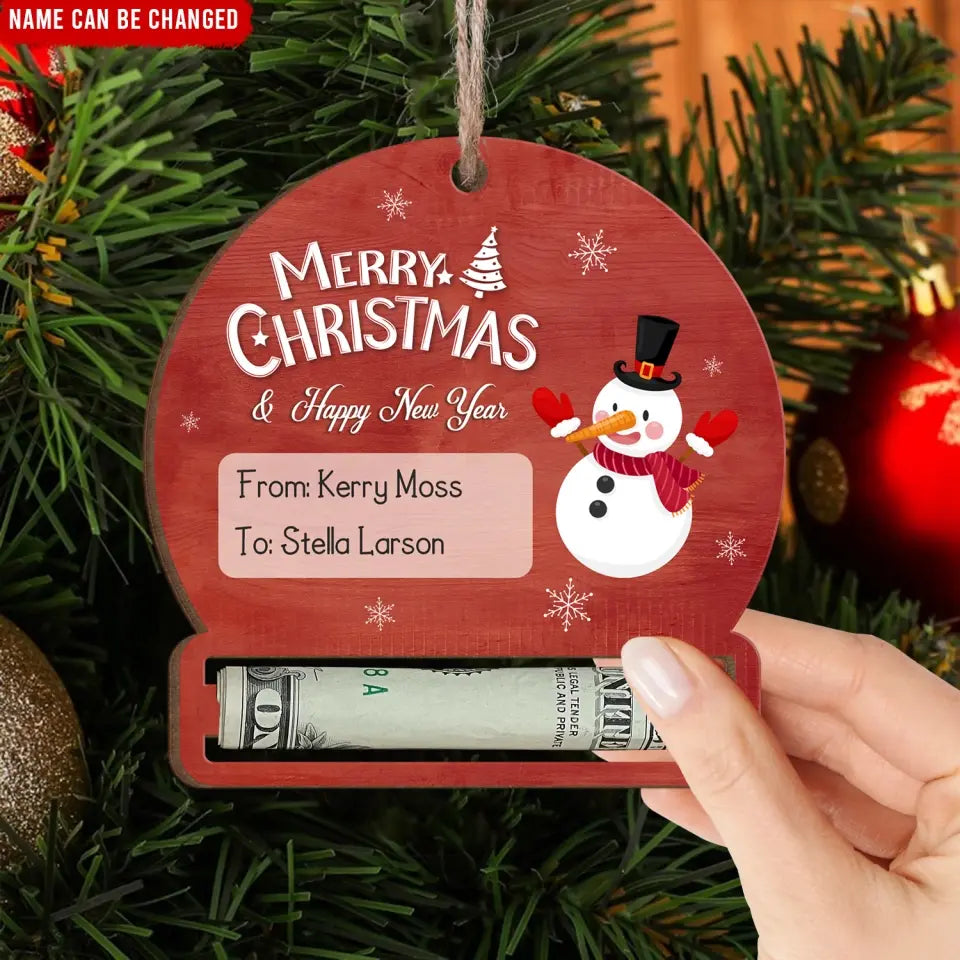 Merry Christmas And Happy New Year - Personalized Wooden Ornament, Money Holder Ornament, Christmas Home Decor - ORN188