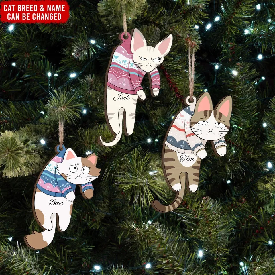 Funny Hanging Cat  - Personalized Wooden Ornament, Gift For Cat Lovers, Cute Cat Christmas - ORN197