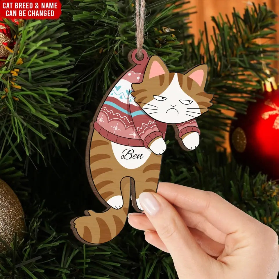 Funny Hanging Cat  - Personalized Wooden Ornament, Gift For Cat Lovers, Cute Cat Christmas - ORN197