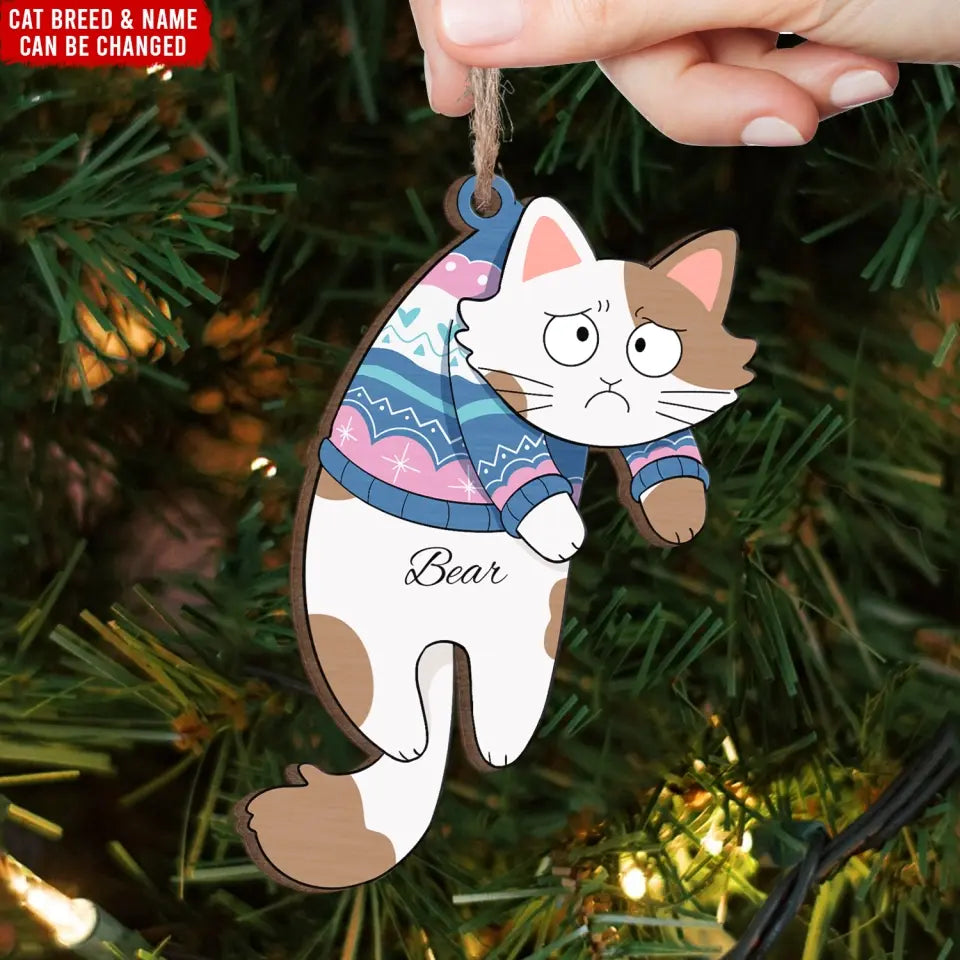 Funny Hanging Cat  - Personalized Wooden Ornament, Gift For Cat Lovers, Cute Cat Christmas - ORN197