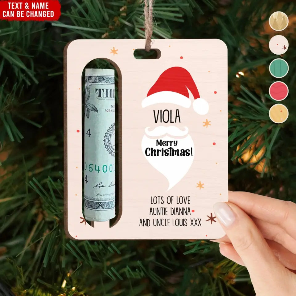 Santa Claus Merry Christmas - Personalized Wooden Ornament, Money Holder, Santa Features Gift Money - ORN202