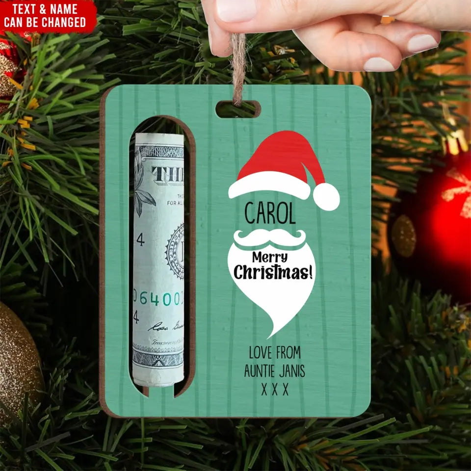 Santa Claus Merry Christmas - Personalized Wooden Ornament, Money Holder, Santa Features Gift Money - ORN202