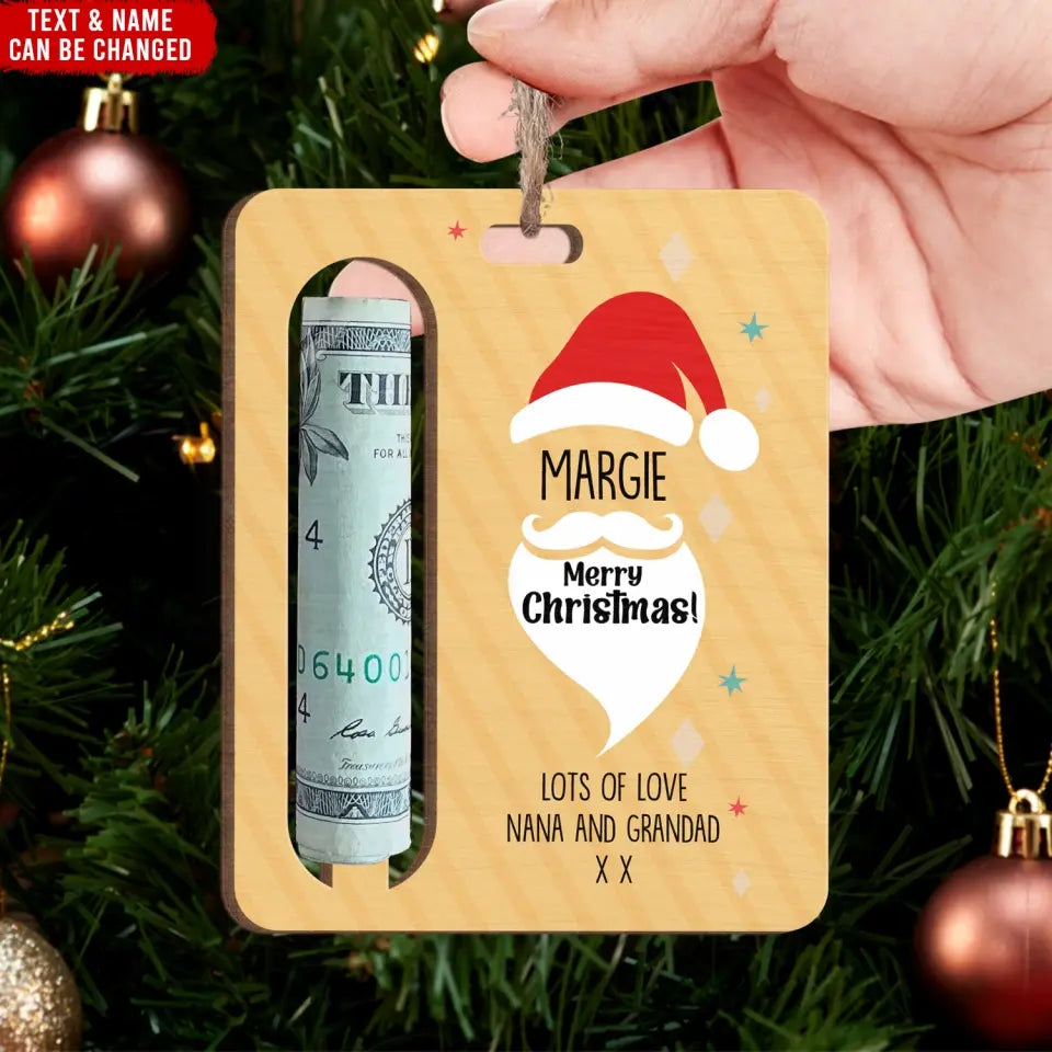 Santa Claus Merry Christmas - Personalized Wooden Ornament, Money Holder, Santa Features Gift Money - ORN202