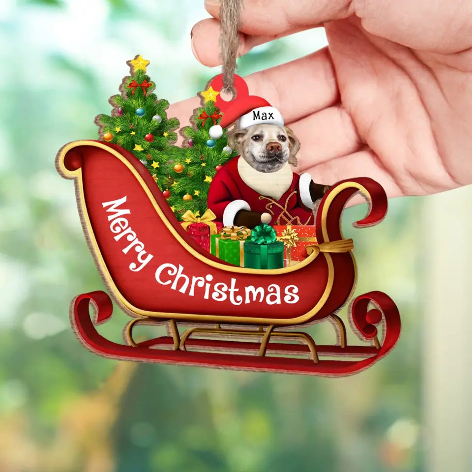 Dog Sitting On A Cute Sleigh Ornament - Personalized Wooden Ornament, Christmas Gift For Dog Lovers, Home Decor - ORN208