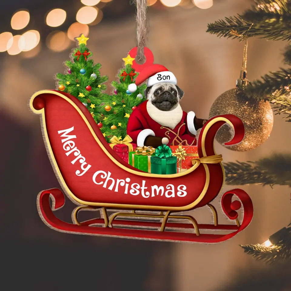 Dog Sitting On A Cute Sleigh Ornament - Personalized Wooden Ornament, Christmas Gift For Dog Lovers, Home Decor - ORN208