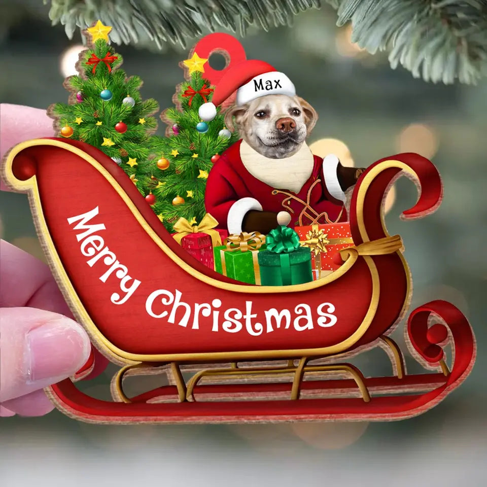 Dog Sitting On A Cute Sleigh Ornament - Personalized Wooden Ornament, Christmas Gift For Dog Lovers, Home Decor - ORN208