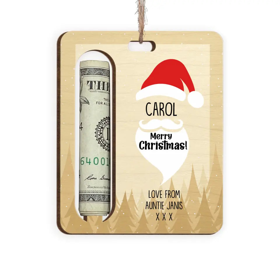 Santa Claus Merry Christmas - Personalized Wooden Ornament, Money Holder, Santa Features Gift Money - ORN202