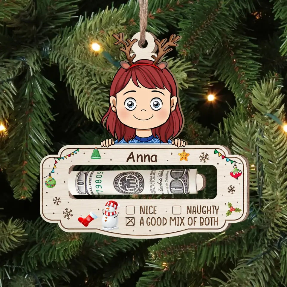 A Good Mix Of Nice and Naughty with Name- Personalized Wooden Ornament - Money Holder, Christmas Gift for Family Members - ORN190