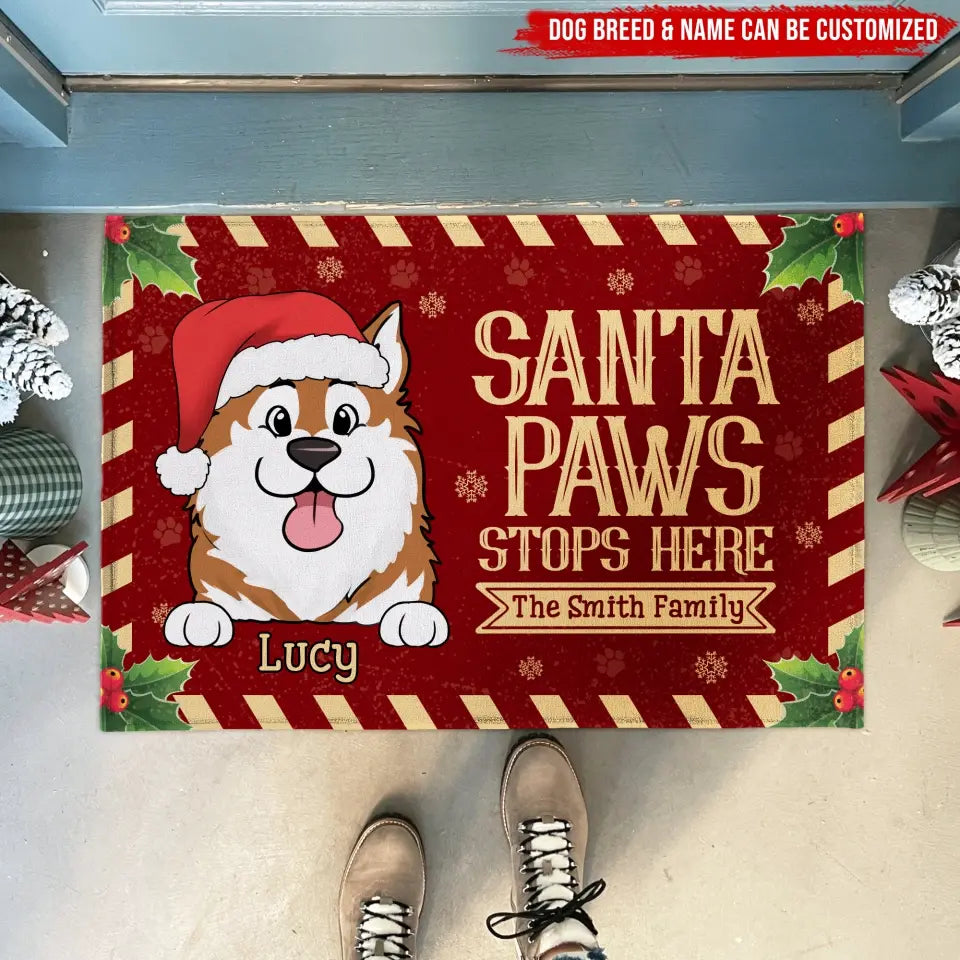 Santa Paws Stops Here with Family Name - Personalized Doormat, Christmas Gift for Family, Dog Lovers - DM251