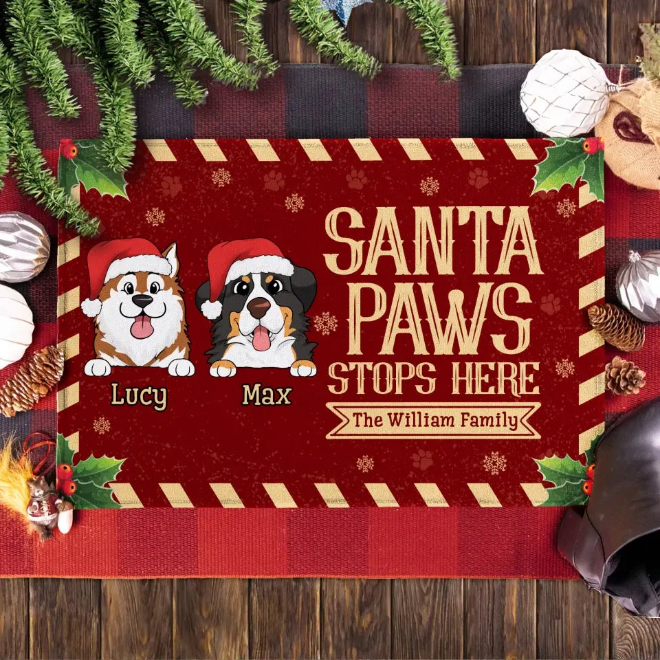 Santa Paws Stops Here with Family Name - Personalized Doormat, Christmas Gift for Family, Dog Lovers - DM251