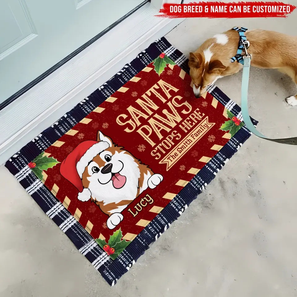 Santa Paws Stops Here with Family Name - Personalized Doormat, Christmas Gift for Family, Dog Lovers - DM251