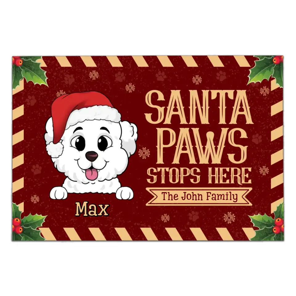 Santa Paws Stops Here with Family Name - Personalized Doormat, Christmas Gift for Family, Dog Lovers - DM251