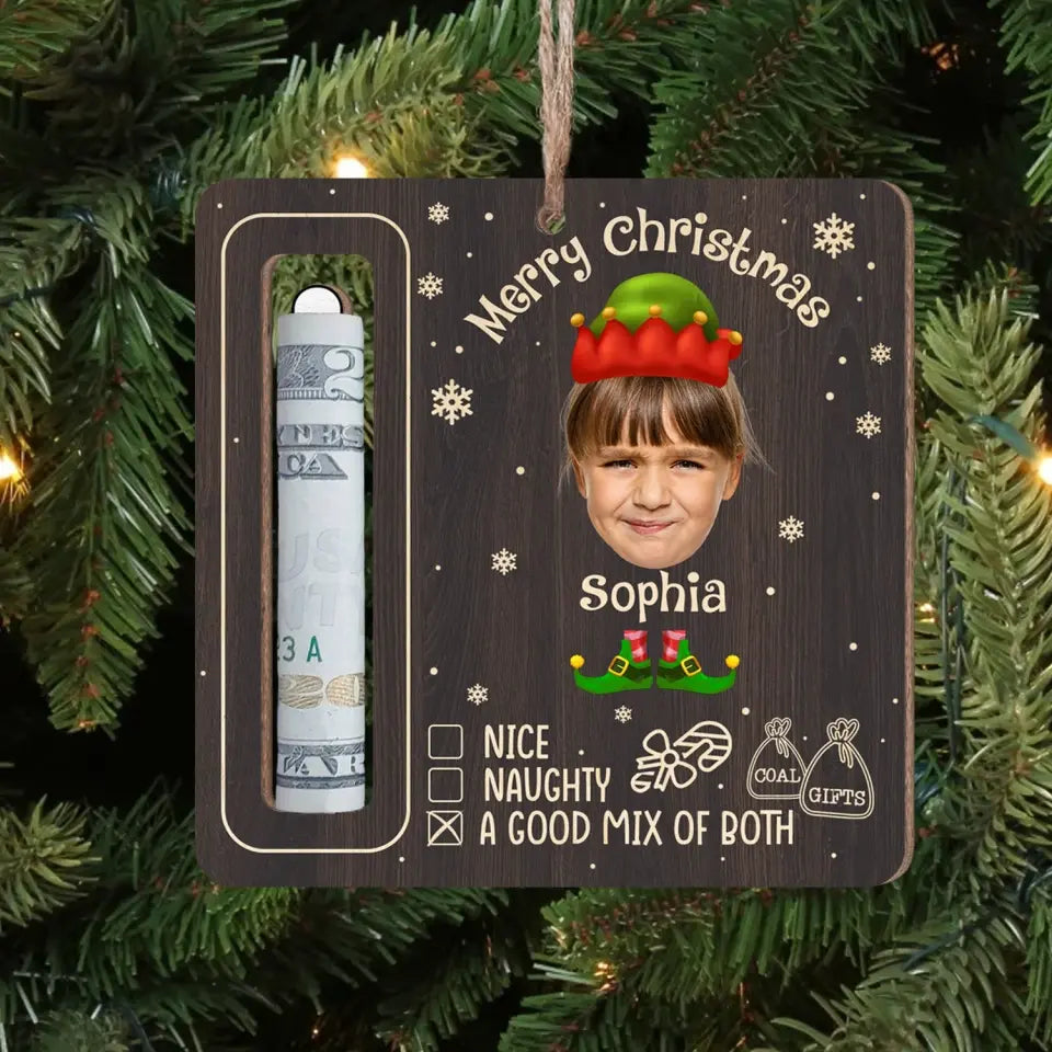 Merry Christmas Naughty - Personalized Wooden Ornament, Money Holder - ORN189