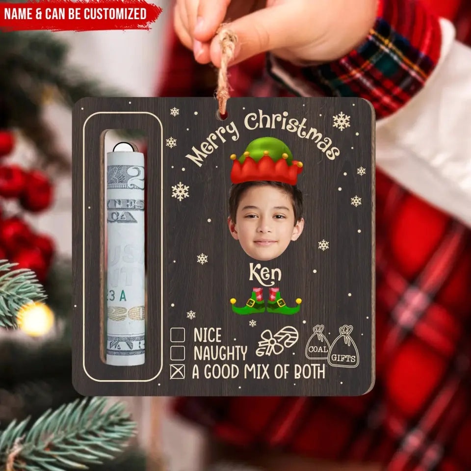 Merry Christmas Naughty - Personalized Wooden Ornament, Money Holder - ORN189