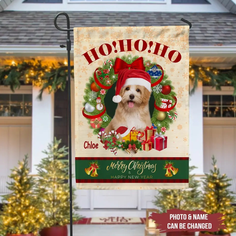 Hohoho Merry Christmas & Happy New Year - Personalized Garden Flag, Garden Flag Gift For Dog Lover - GF146