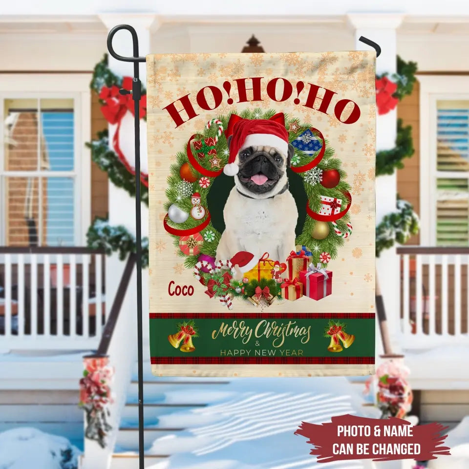 Hohoho Merry Christmas & Happy New Year - Personalized Garden Flag, Garden Flag Gift For Dog Lover - GF146