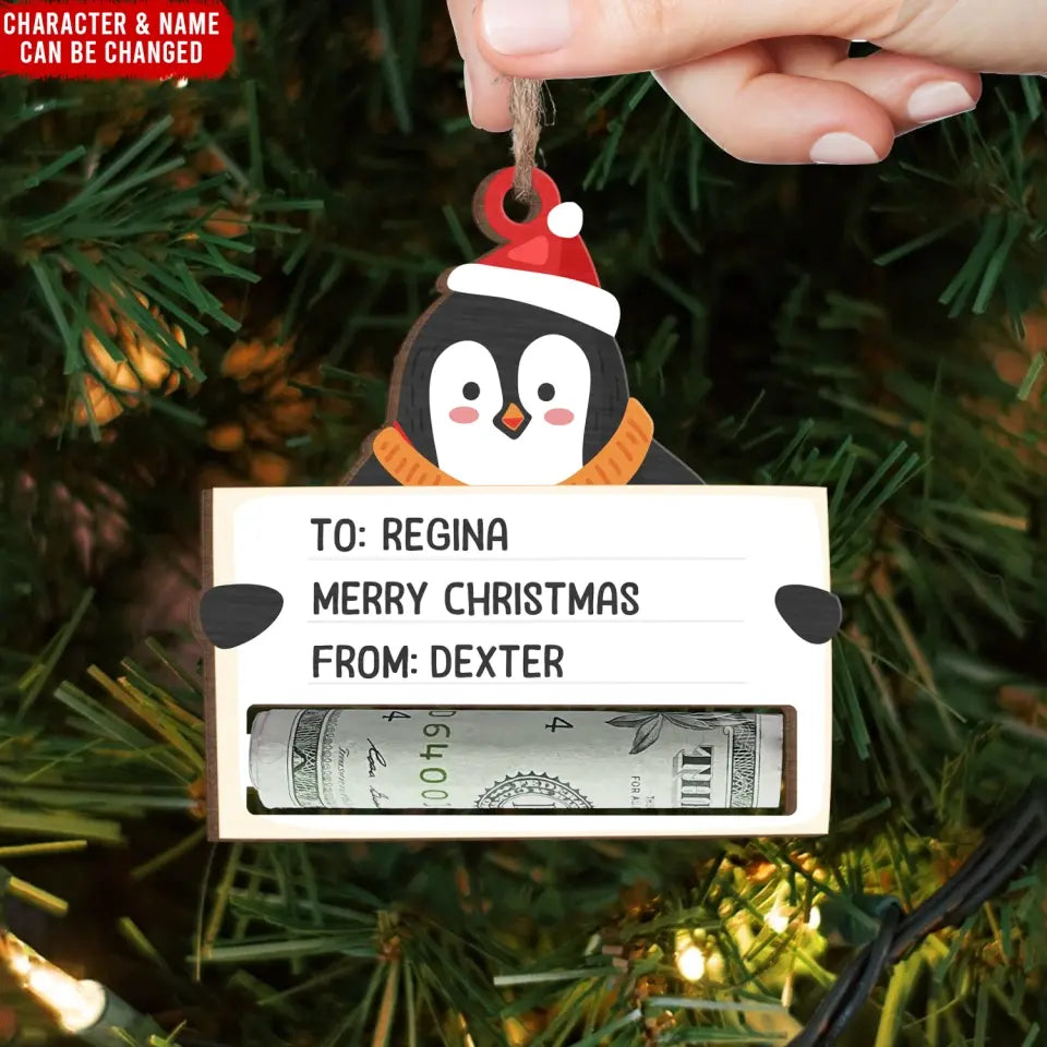 Cute Animal Merry Christmas - Personalized Wooden Ornament, Money Holder Ornament, Christmas Gift - ORN241