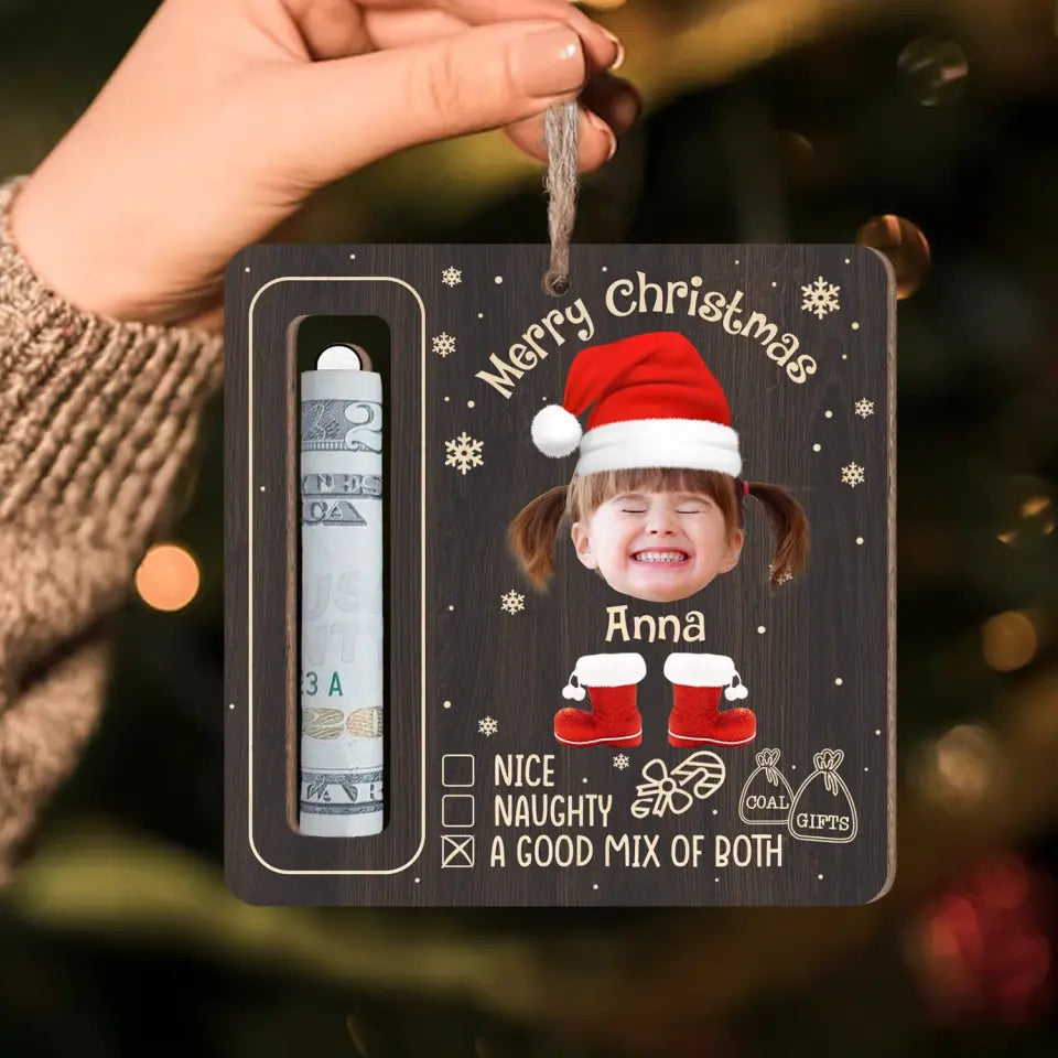 Merry Christmas Naughty - Personalized Wooden Ornament, Money Holder - ORN189