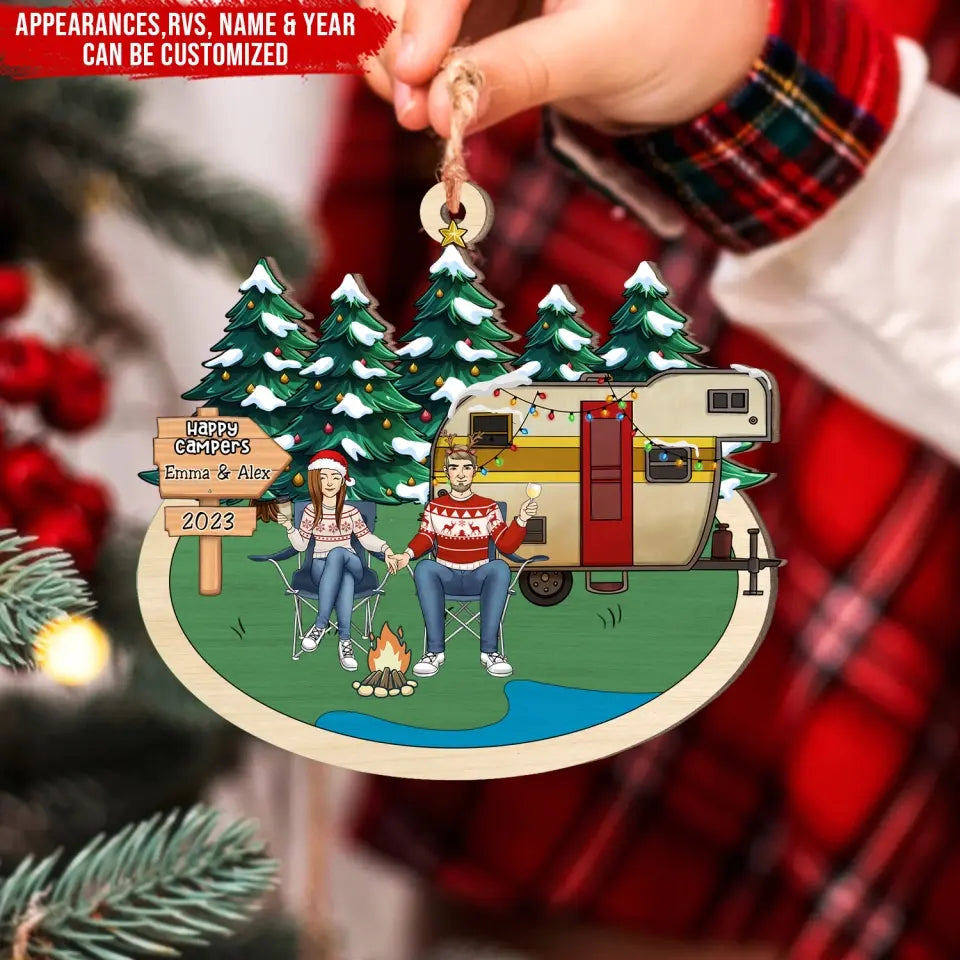Happy Campers - Personalized Wooden Ornament, Christmas Gift For Couple/ Friends/ Family, Gift For Camping Lovers - ORN244