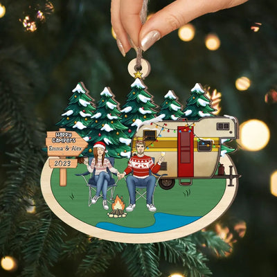 Happy Campers - Personalized Wooden Ornament, Christmas Gift For Couple/ Friends/ Family, Gift For Camping Lovers - ORN244