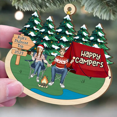 Happy Campers - Personalized Wooden Ornament, Christmas Gift For Couple/ Friends/ Family, Gift For Camping Lovers - ORN244