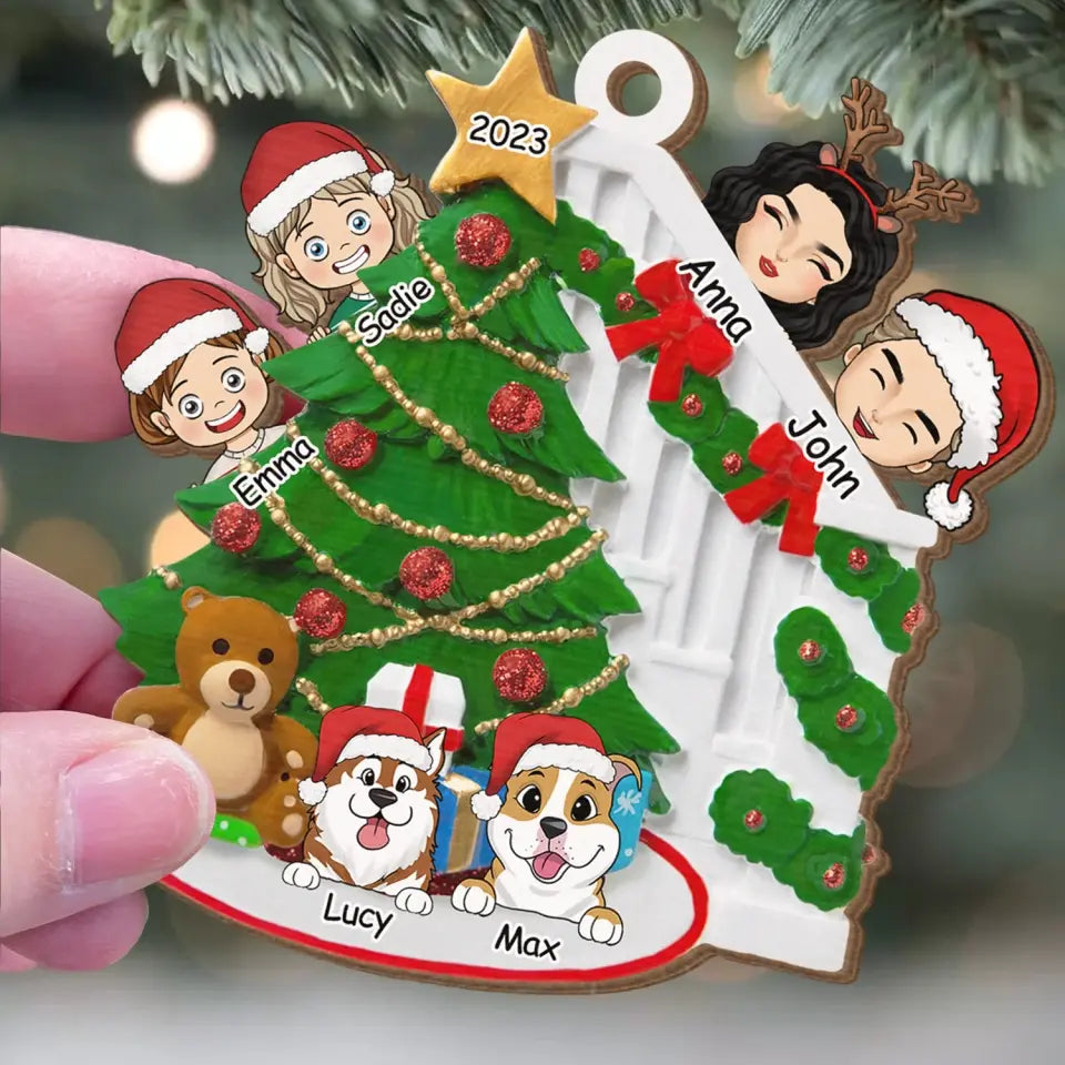 Happy Family Christmas Tree - Personalized Wooden Ornament, Christmas Gift For Family, Christmas Present - ORN247