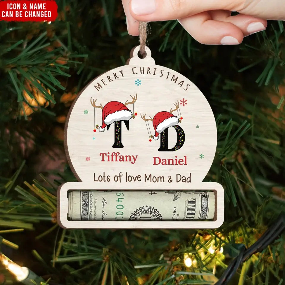 Merry Christmas Letter Name Ornament - Personalized Wooden Ornament, Money Holder Ornament, Custom Initial Gift - ORN250