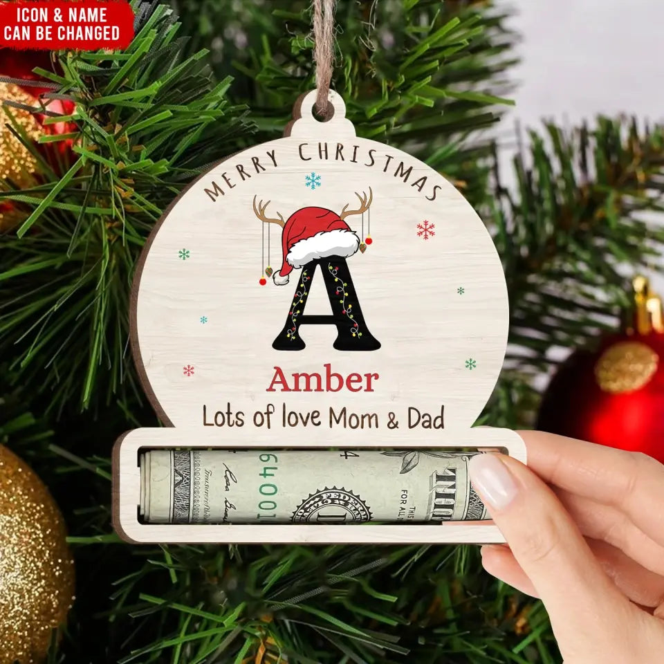 Merry Christmas Letter Name Ornament - Personalized Wooden Ornament, Money Holder Ornament, Custom Initial Gift - ORN250