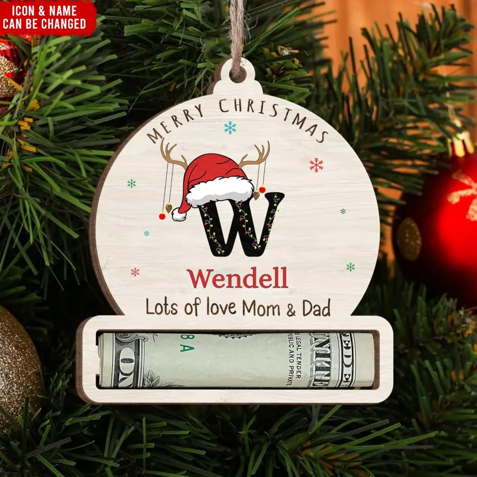 Merry Christmas Letter Name Ornament - Personalized Wooden Ornament, Money Holder Ornament, Custom Initial Gift - ORN250