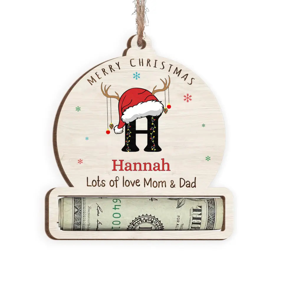 Merry Christmas Letter Name Ornament - Personalized Wooden Ornament, Money Holder Ornament, Custom Initial Gift - ORN250