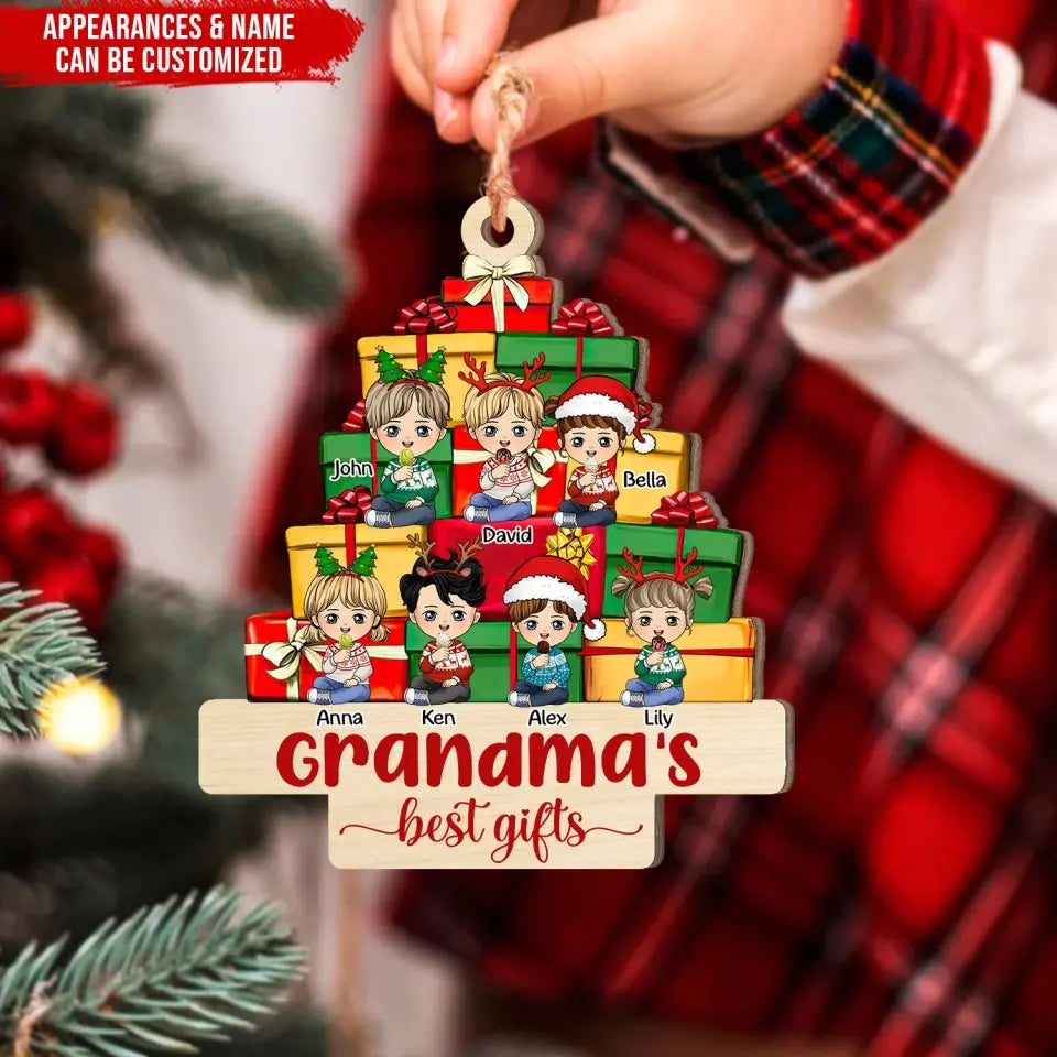 Grandkids Sitting Front Christmas Grandma's Best Gifts - Personalized Wooden Ornament, Christmas Gift For Grandma/ Nana/Mom/Family - ORN252