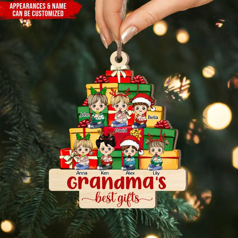 Grandkids Sitting Front Christmas Grandma's Best Gifts - Personalized Wooden Ornament, Christmas Gift For Grandma/ Nana/Mom/Family - ORN252