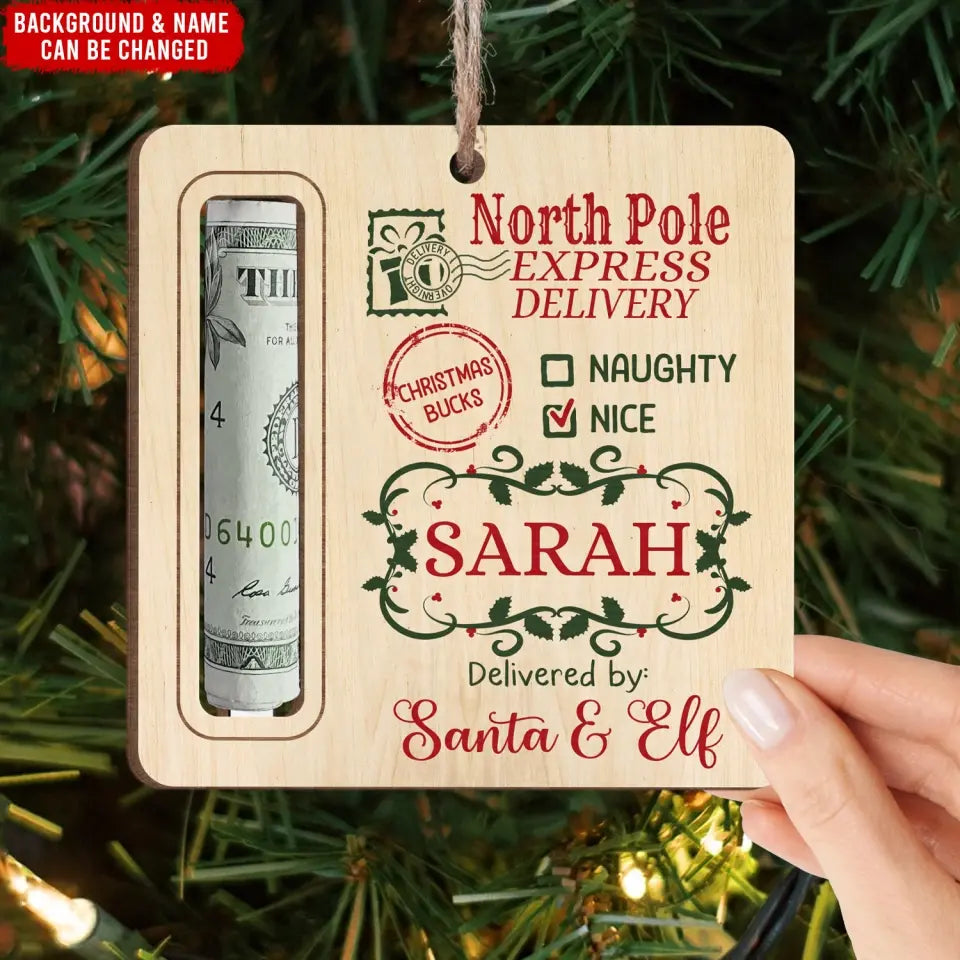 North Pole Express Santa Delivery - Personalized Wooden Ornament, Money Holder Ornament - ORN254