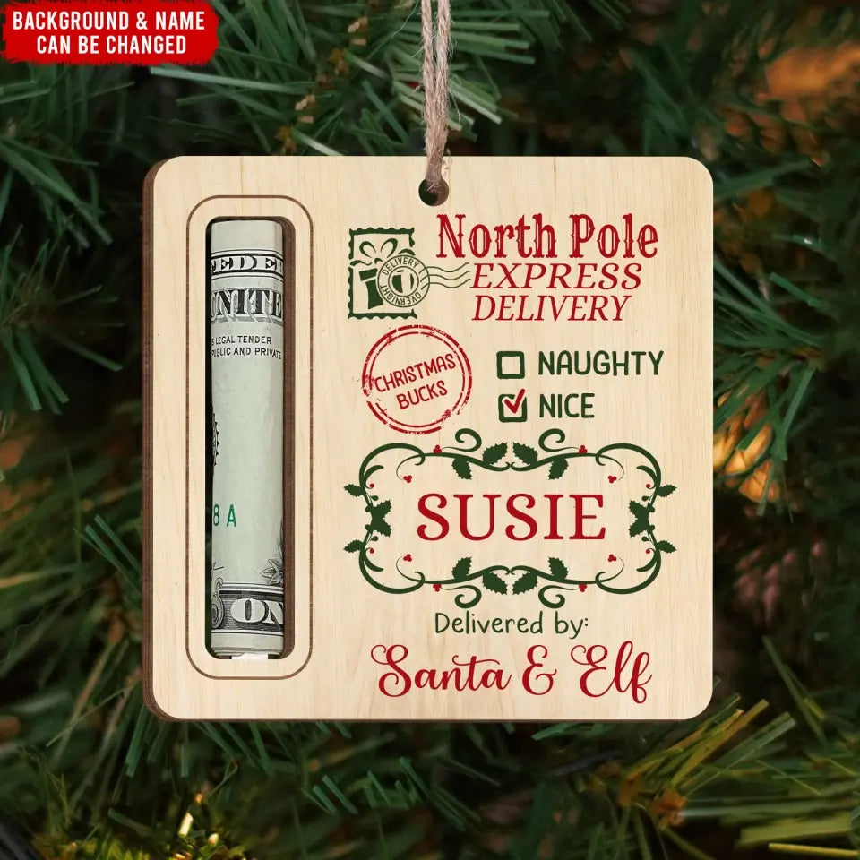North Pole Express Santa Delivery - Personalized Wooden Ornament, Money Holder Ornament - ORN254