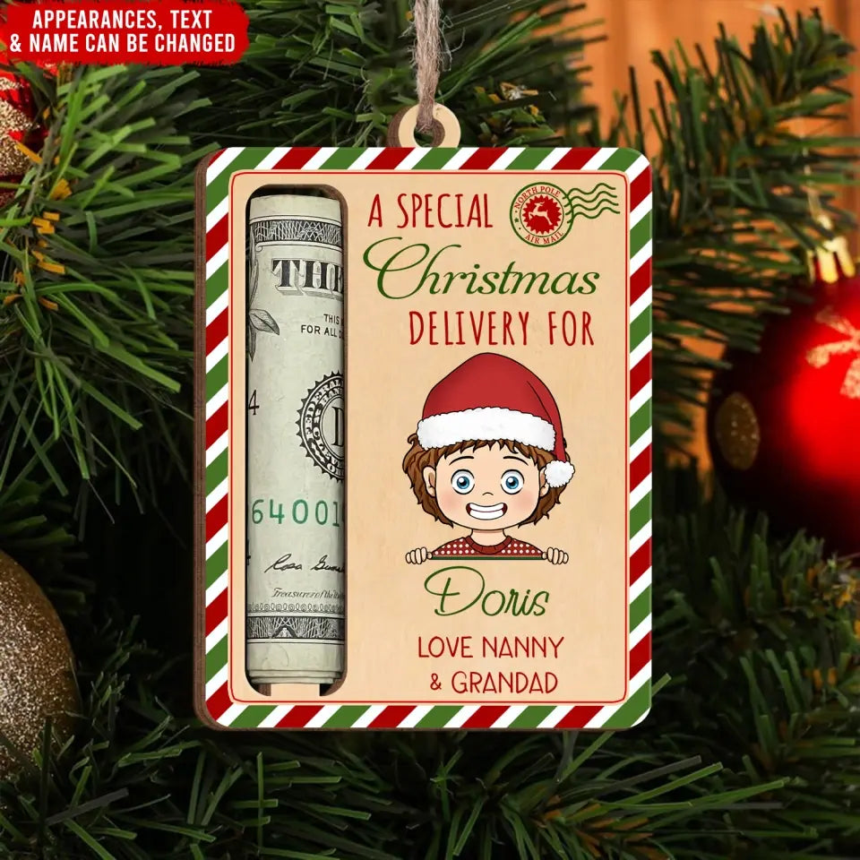 A Special Christmas Delivery For Kids - Personalized Wooden Ornament, Money Holder Ornament - ORN251